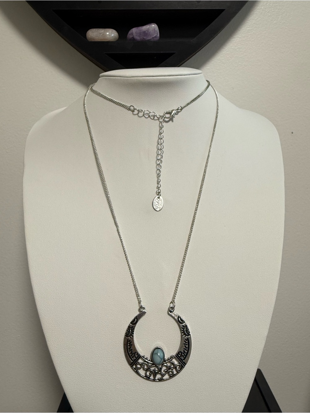 Claire’s Silver-Tone Filigree Crescent Necklace with Faux Stone